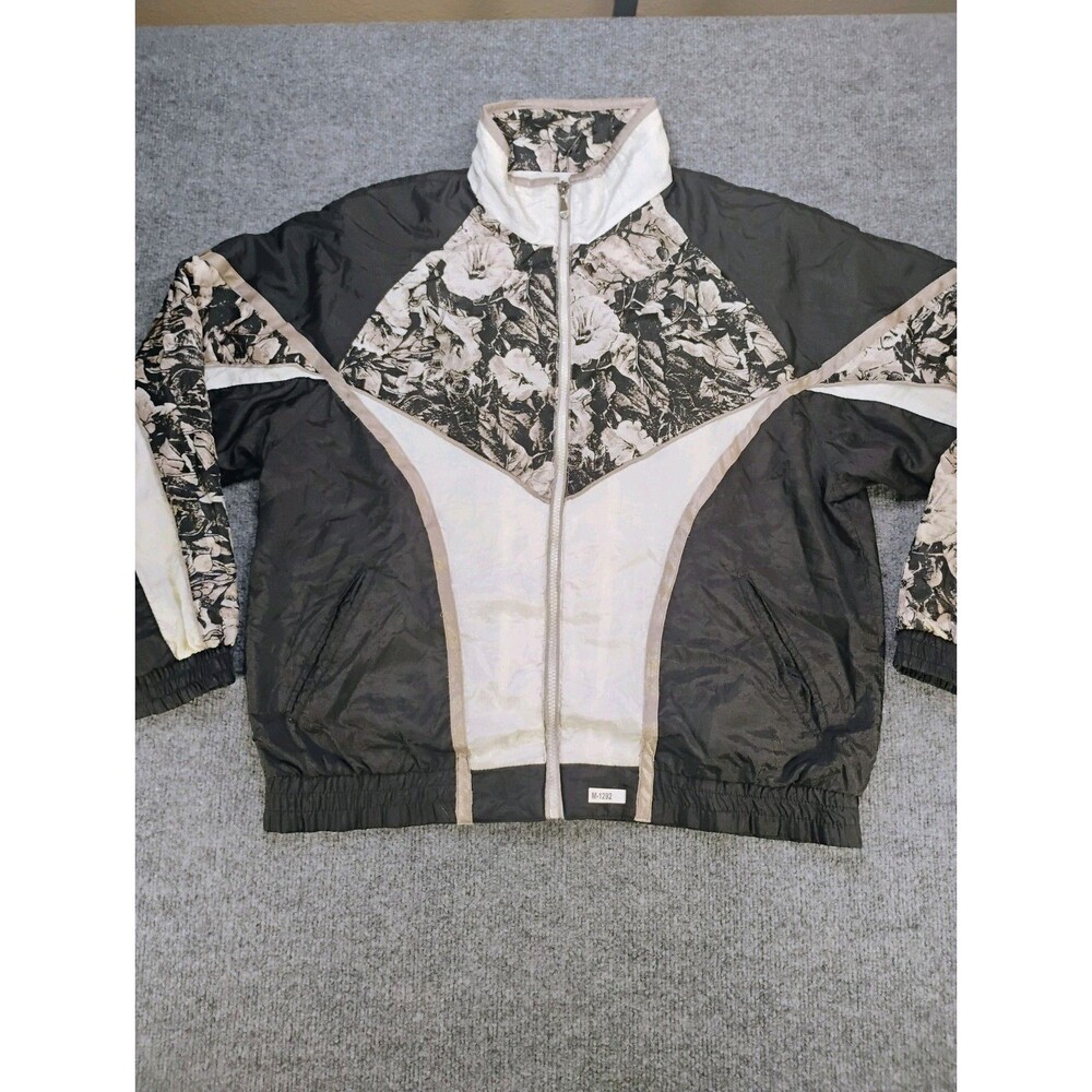 Cabin Creek Women's Medium Hooded Windbreaker Jacket Black White Floral Full Zip
